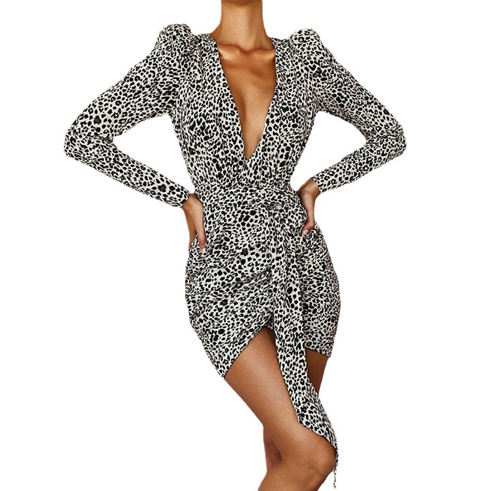 Long Sleeve Sexy Deep V Lace-up Leopard Print Dress