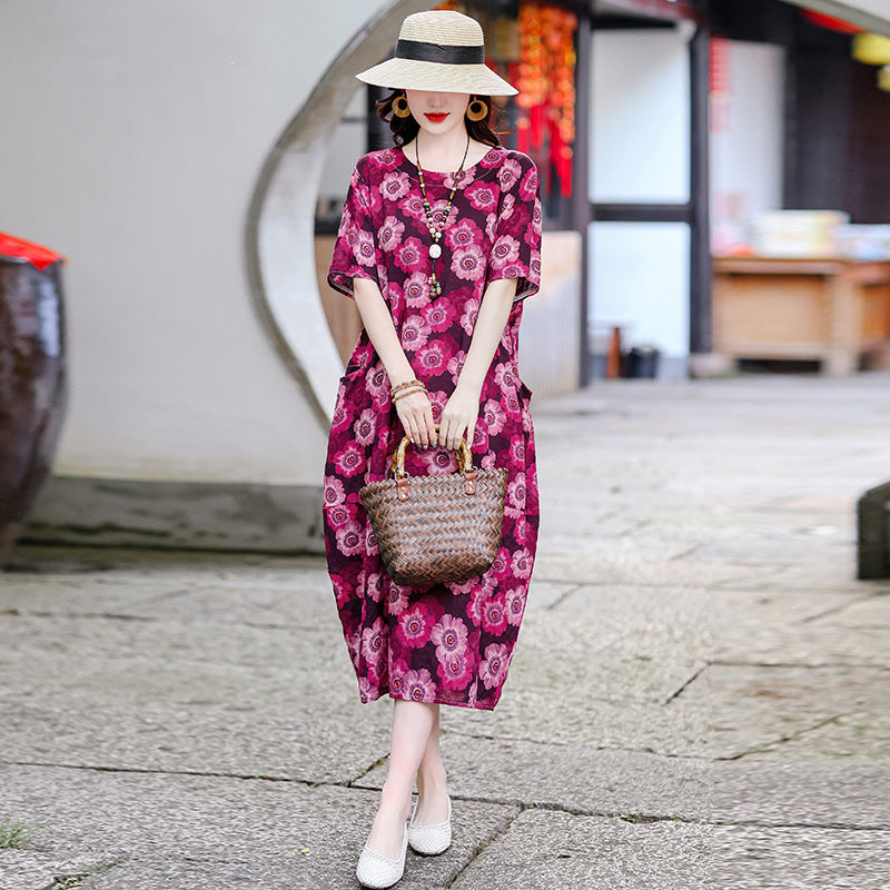 Vestido informal versátil de algodón y lino con estampado floral para mujer