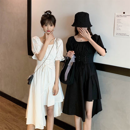 Bubble Sleeve Waist Cinching Irregular Dress