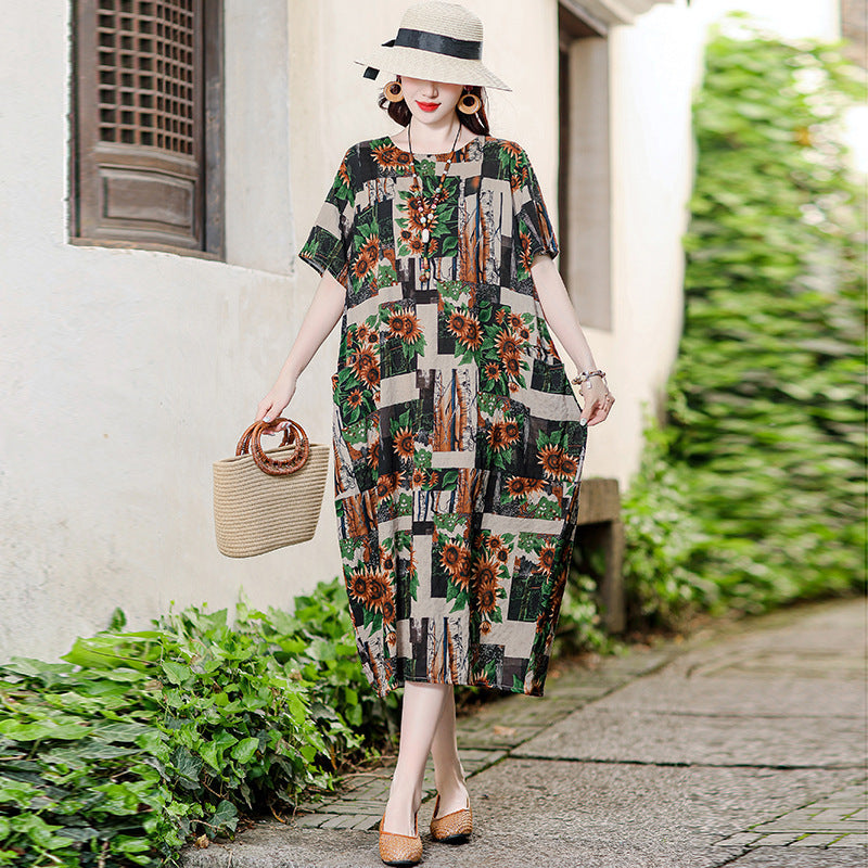 Vestido informal versátil de algodón y lino con estampado floral para mujer