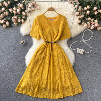 Irregular V-neck Lace-up Waist-controlled Slimming Loose Swing Dress