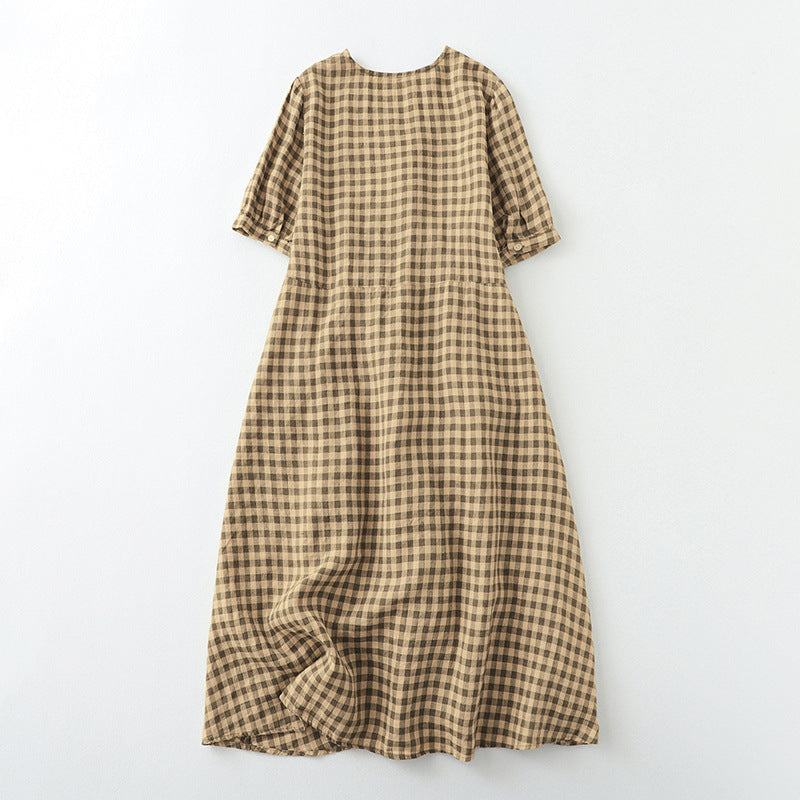 Robe à carreaux rétro élastique à manches courtes en coton et lin