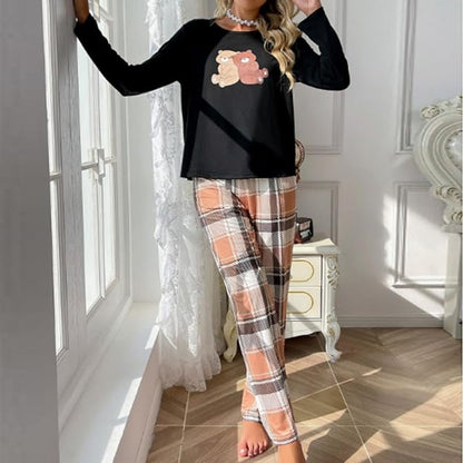 Home Wear Autumn And Winter Pajamas Suit Long Sleeve Printed Plaid Trousers Two-piece Set