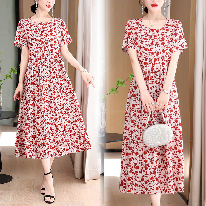 Casual Extra Large Size Cotton Silk Mother Loose Dress Women