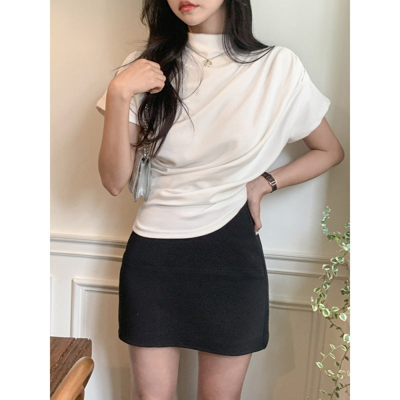 French Turtleneck Short Sleeve T-shirt Women's Short Waist-controlled Top