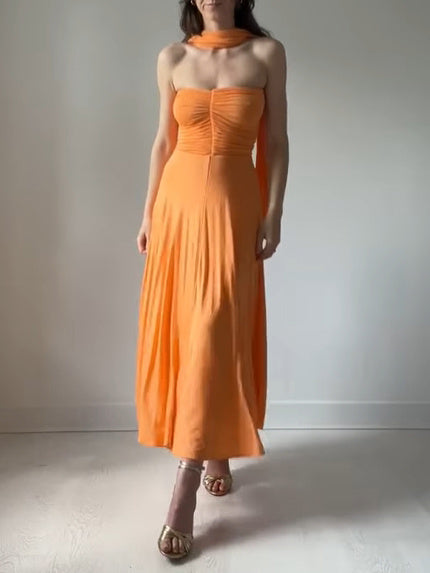 Robe froncée à bretelles de couleur unie pour femme