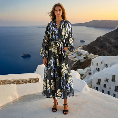 Vestido de mujer de alta calidad con cuello redondo, diseño de tapeta con múltiples botones y mangas abullonadas estampadas estilo vacaciones junto al mar