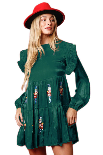 Women's Long Sleeve Sequined Soldier Embroidery Dress