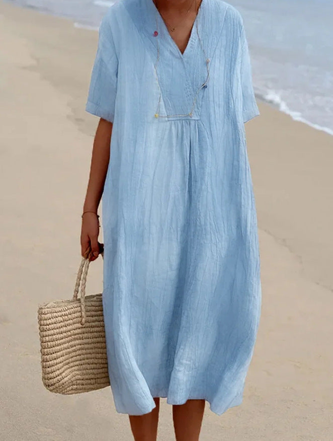 Vestido de mujer de algodón y lino de color liso y escote en V estilo moderno