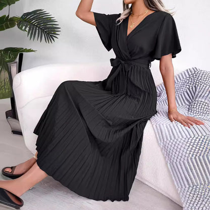 Robe longue plissée à col en V pour femme