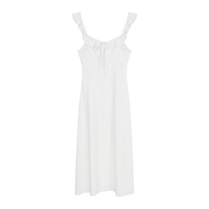 Gentle White Suspender Backless Dress Seaside Vacation