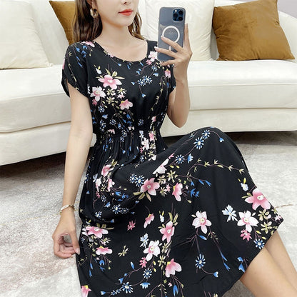 Floral Short Sleeve Dress Elastic And Waisted Slimming