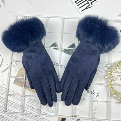 Guantes cálidos con forro polar para montar en invierno con boca de piel para mujer, guantes gruesos con batería para coche