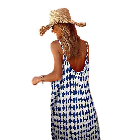 European And American Bohemian Vacation Style Wooden Ear Girl Print V-neck Brace Loose Long Dress