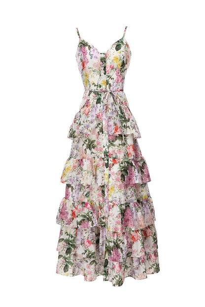 New Elegant Single-breasted Spaghetti-strap Floral Print Ruffled Large Swing Dress