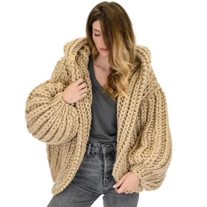 Cardigan ample et à capuche, manteau, aiguille à tricoter faite à la main, pull tricoté pour femmes