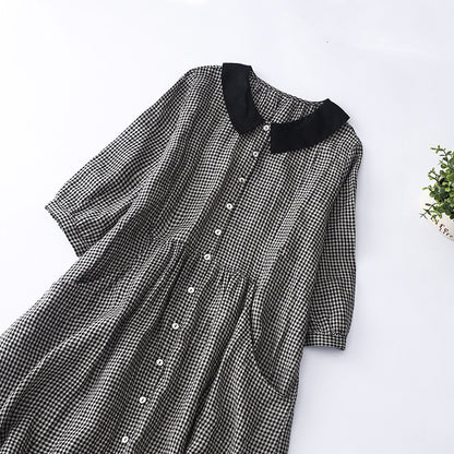 Shirt Dress Women's Artistic Style Tartan Linen Waist Long Skirt