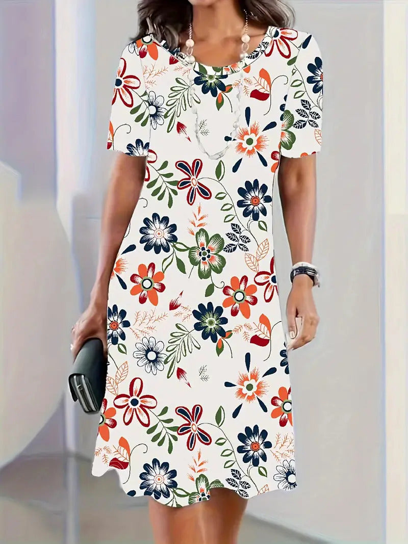 Elegance Retro Printing Digital 3D Printing Round Neck Short Sleeve A- Line Dress