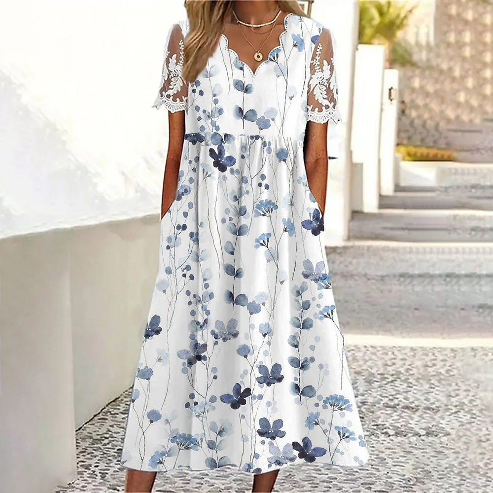 Flower Printed V-neck Short Sleeve Large Swing Vacation Style Dress