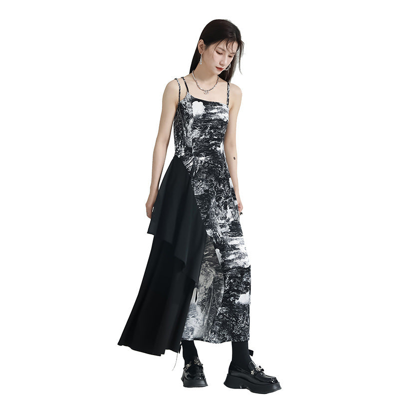 Niche Design Stitching Printing Dress Irregular