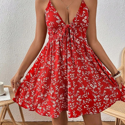 Flower Printed V-neck Large Swing Dress