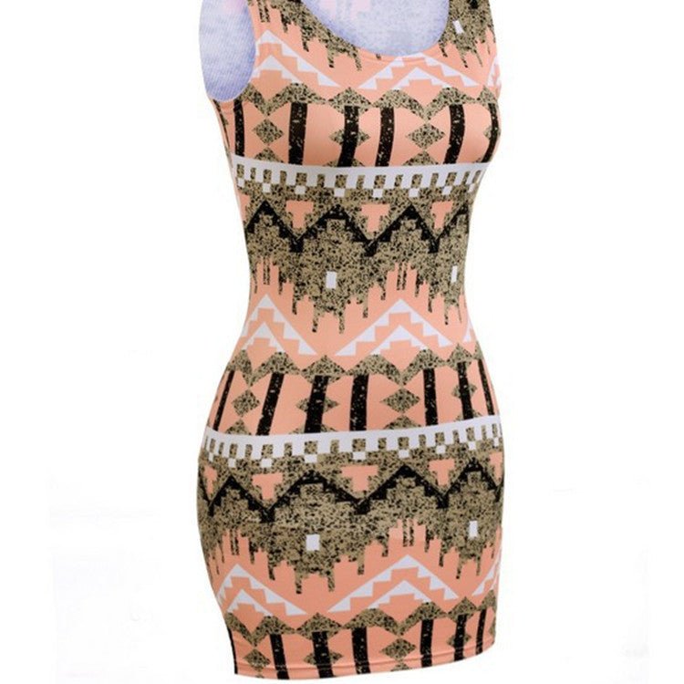 Round Neck Sleeveless Printed Pencil Dress