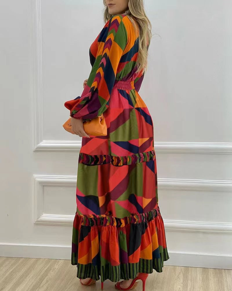 Robe longue imprimée à col en V d'automne