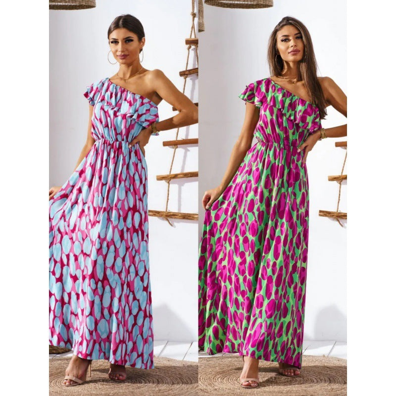 Europe New Off-the-shoulder Fitted Waist Printed Long Dress