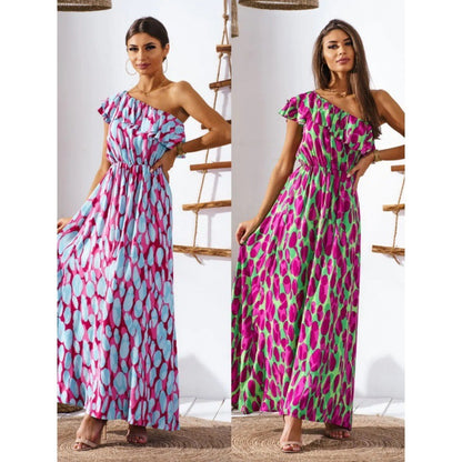 Europe New Off-the-shoulder Fitted Waist Printed Long Dress