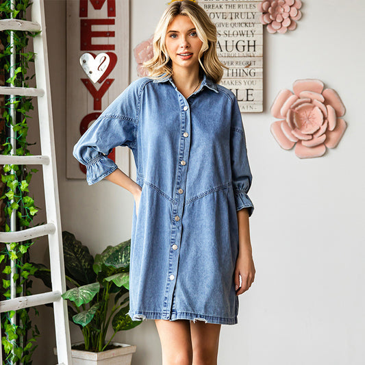 Three-quarter Sleeve Denim Dress Women's Casual Ruffles