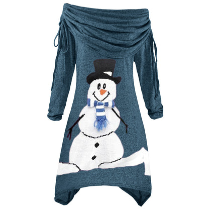 Women's Snowman Printed Pleated Collar Irregular Drawstring Dress