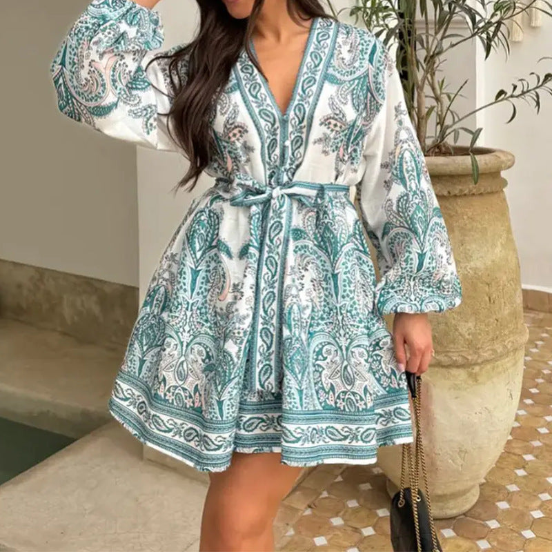 Robe décontractée à lacets ample à col en V et à la mode pour femmes