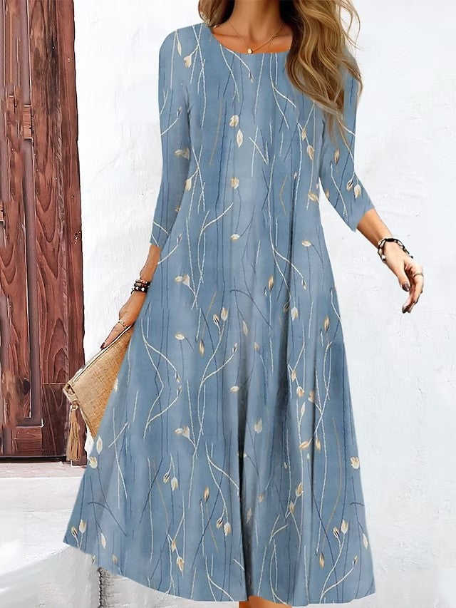 Printed Long Sleeve Round Neck Mid-length Dress