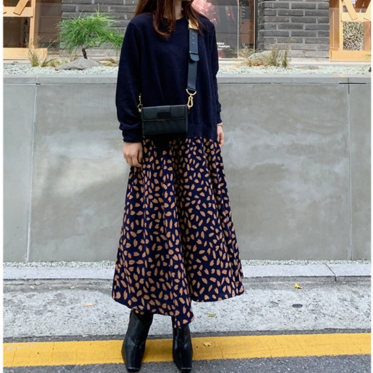 Vestido de dos piezas con cuello redondo, manga larga, estampado de costuras y vuelo grande para mujer