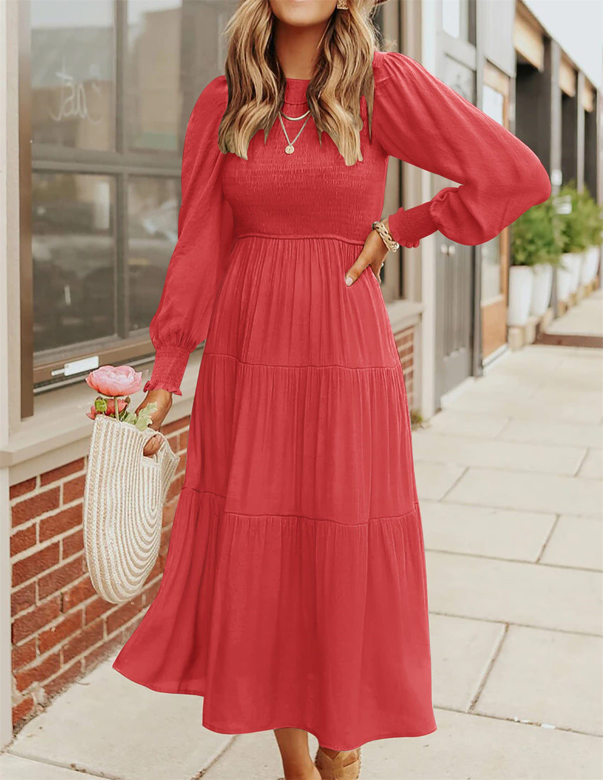 Smocking Pleating Multi-layer Large Swing Dress