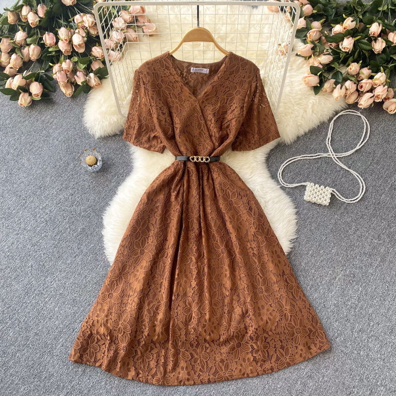 Irregular V-neck Lace-up Waist-controlled Slimming Loose Swing Dress