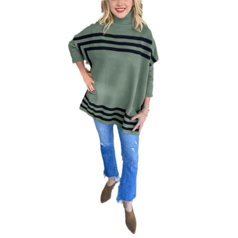 Women's Turtleneck Knitting Batwing Sleeve Striped Sweater