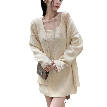 All-match Sweater With Suspenders Dress Knit Two-piece Suit