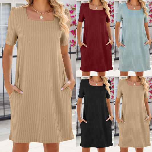 Women's Solid Color Square Neck Short Sleeved Loose Pocket Dress