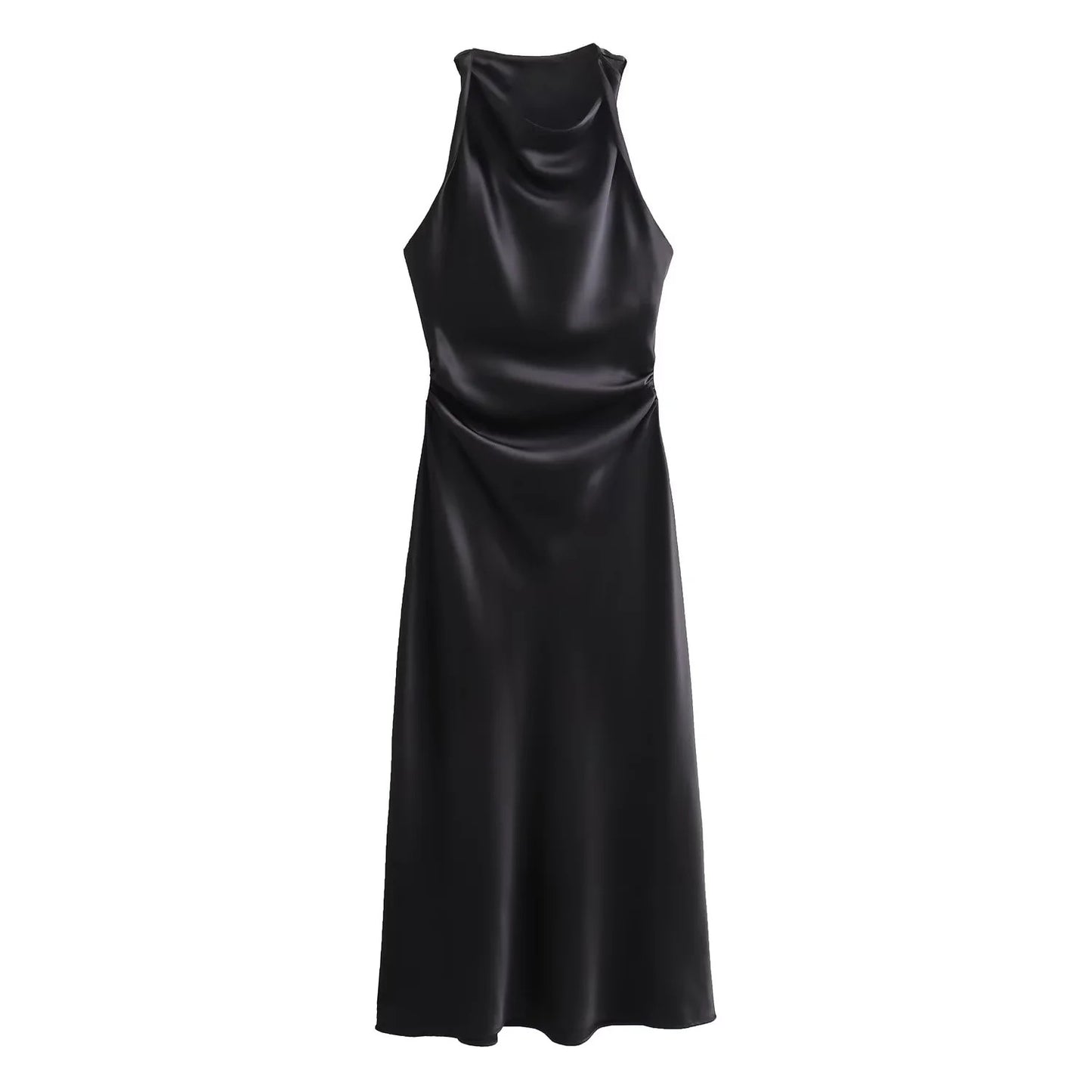 Robe tendance à col rond sans manches en satin de soie noir texturé