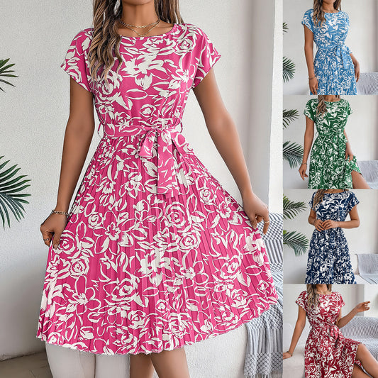 Vestido plisado de manga corta con dobladillo grande y flores elegantes de estilo europeo y americano