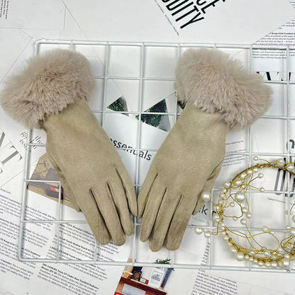 Guantes cálidos con forro polar para montar en invierno con boca de piel para mujer, guantes gruesos con batería para coche