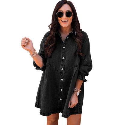 Three-quarter Sleeve Denim Dress Women's Casual Ruffles