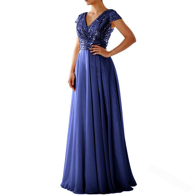 European And American Women's Sleeveless Dress V-neck Sequins Elegant Chiffon Stitching Evening Dress