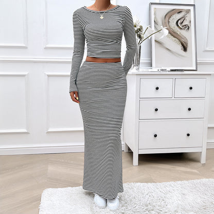 Women's Clothing Casual Contrast Color Striped Knitted Long-sleeved Dress Suit