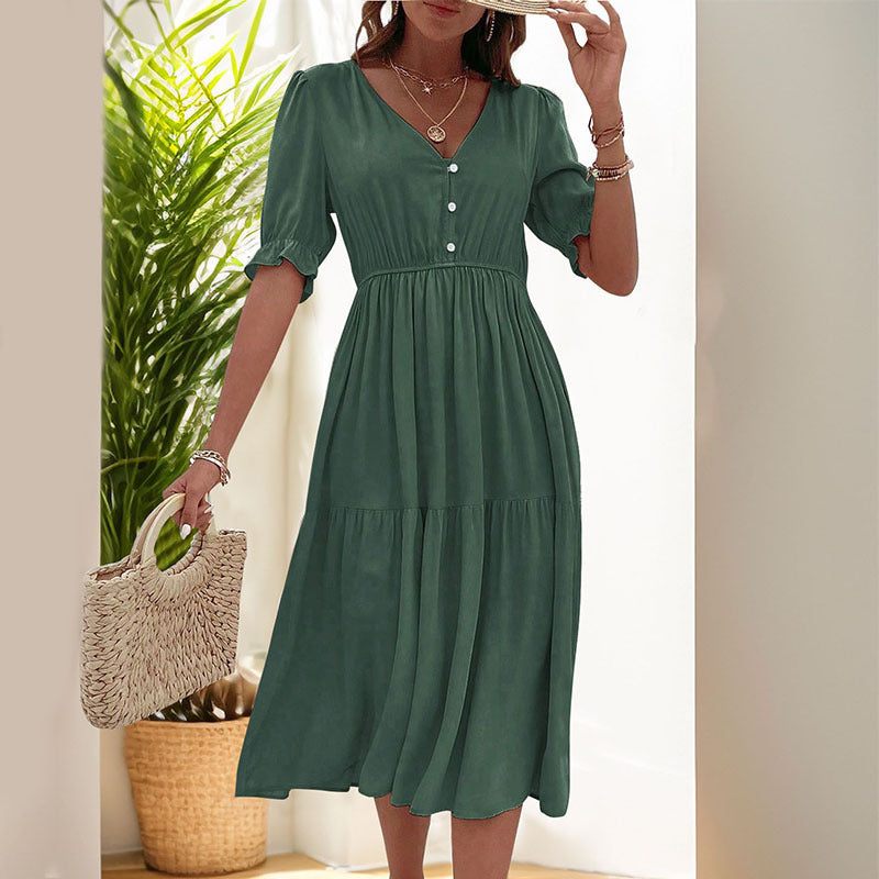 New European And American Summer Women's Tight Waist V-neck Solid Color Dress