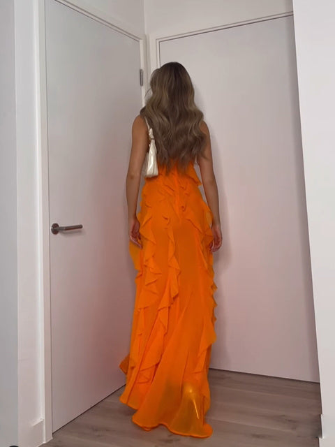 Vestido con abertura y volantes sin mangas para mujer