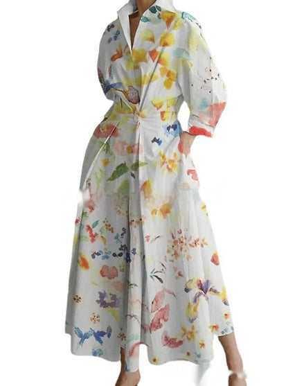 Stand-up Collar Cinched Pocket Printing Mid-length Temperament Dress