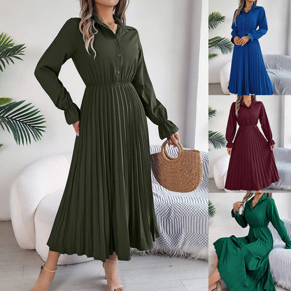 European And American Autumn And Winter Leisure Lapel Button Long Sleeve Cinched Pleated Dress