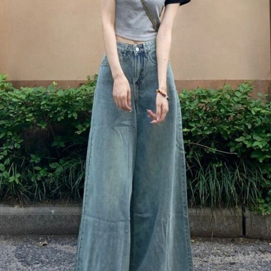 Washed-out Vintage Wide Leg Jeans High Waist Slimming